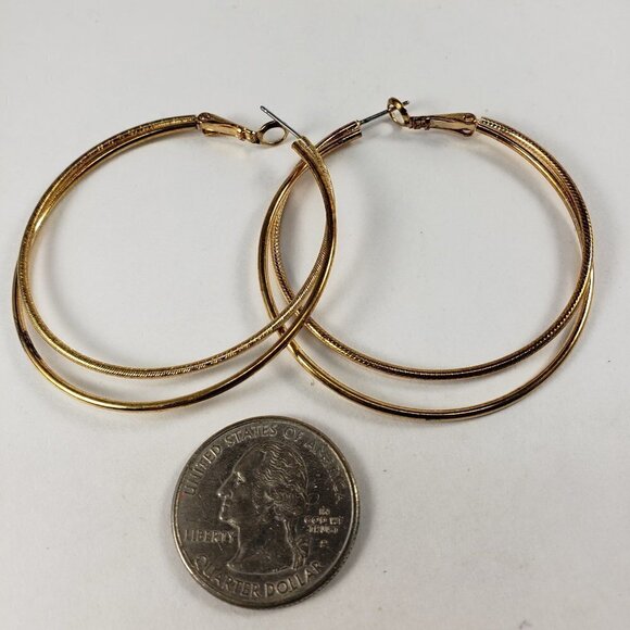 Gold tone Interconnected Double Hoop lever back latch Earrings - Picture 3 of 3